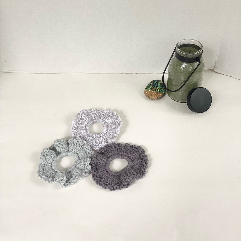 Hair Scrunchies Hand Crafted Gray Silver White Boho Crochet Messy Bun - Picture 2 of 10